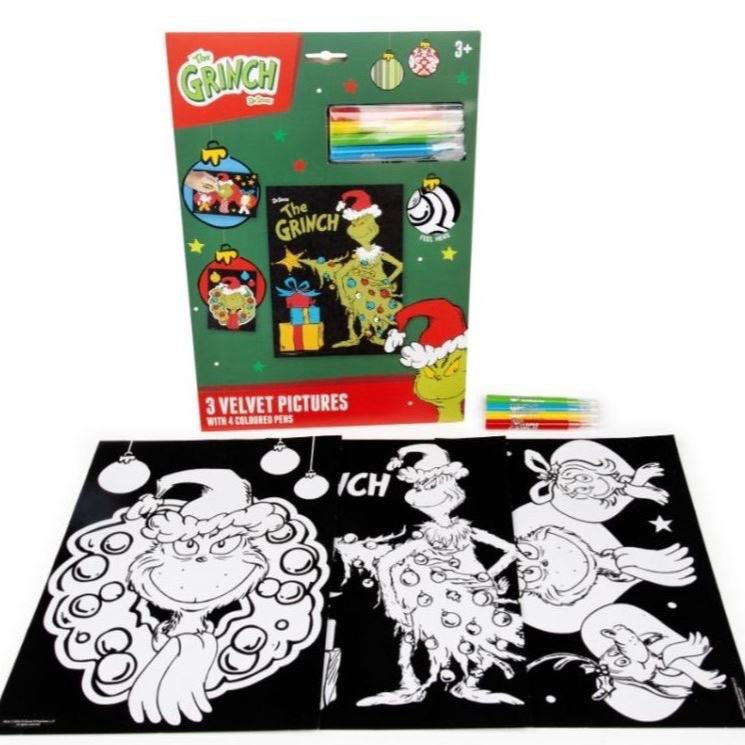 The Grinch Velvet Art Set - 3 Velvet Pictures with Coloured Pencils for Kids Christmas Activity