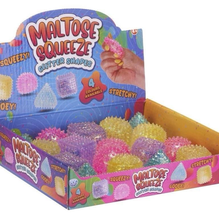 Maltose Squeeze Glitter Shapes Squishy - 4 Colours & Shapes 3cm - Yellow Cylinder Pink Ball Green Pyramid Purple Square - Perfect Gift